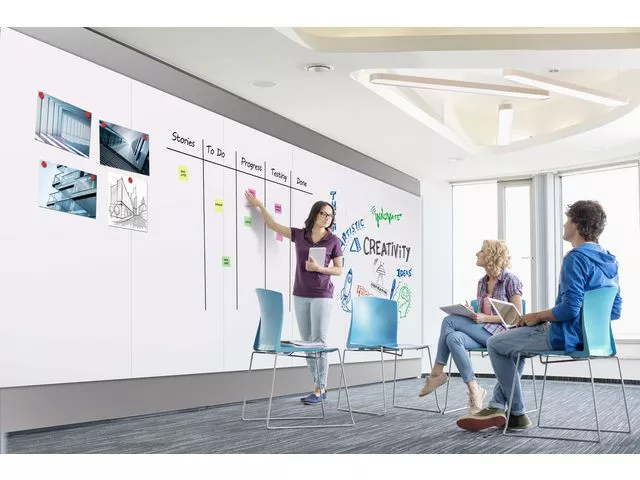 Arbeidsgruppe som samarbeider ved bruk av whiteboards og glasstavley Samarbied med whiteboards og glasstavler
