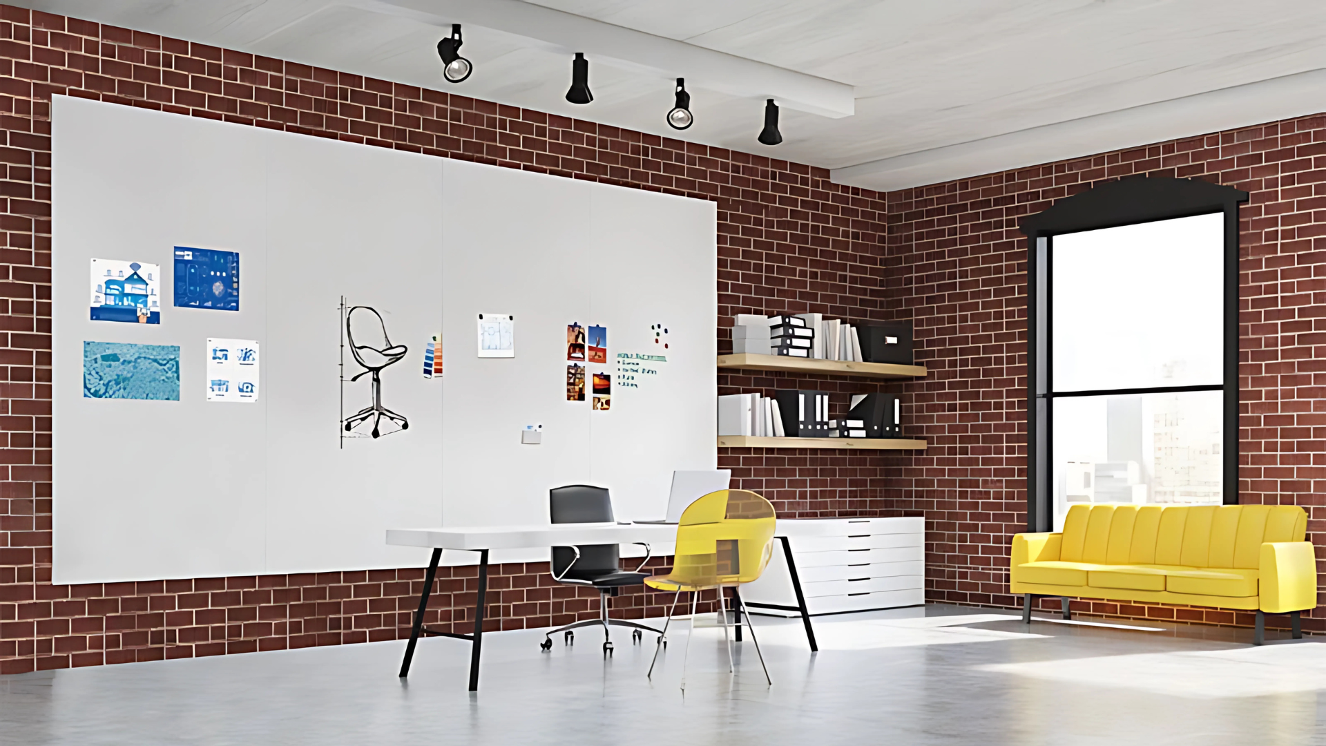 Moderne kontorlandskap med stor whitebaord for samarbeid Kontorlandksap med stor whiteboard