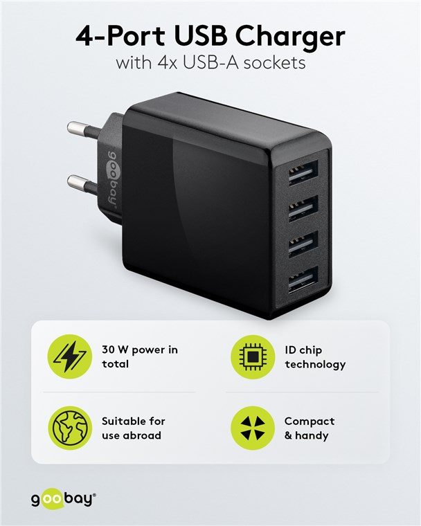 4-port USB-lader, 4x30w USB A