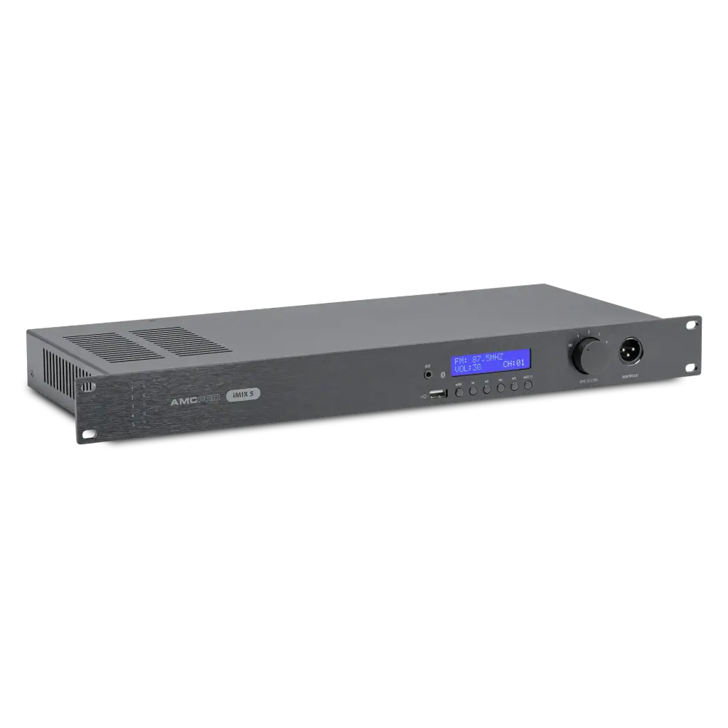 AMC PRO iMIX5 Sone router 5  soner RS232 eller vegg-kontroller pr sone Inn: 3 x stereo Phoenix Mic XLR RJ45 paging station Ut: 5 x Phoenix stereo Software oppsett