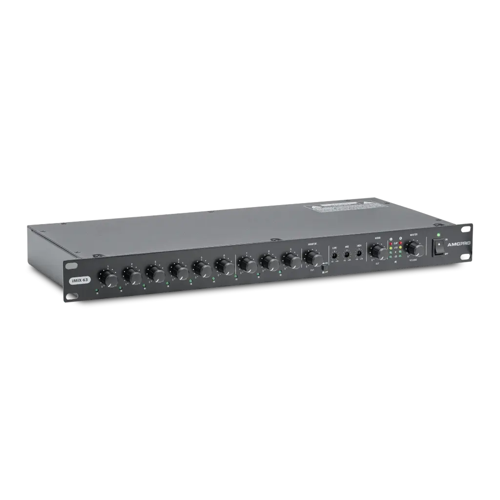 AMC PRO iMIX63 Mikser forforsterker Inn: 6 mik/linje XLR 3 x stereo RCA Ut: 2 x XLR 3 bånd EQ
