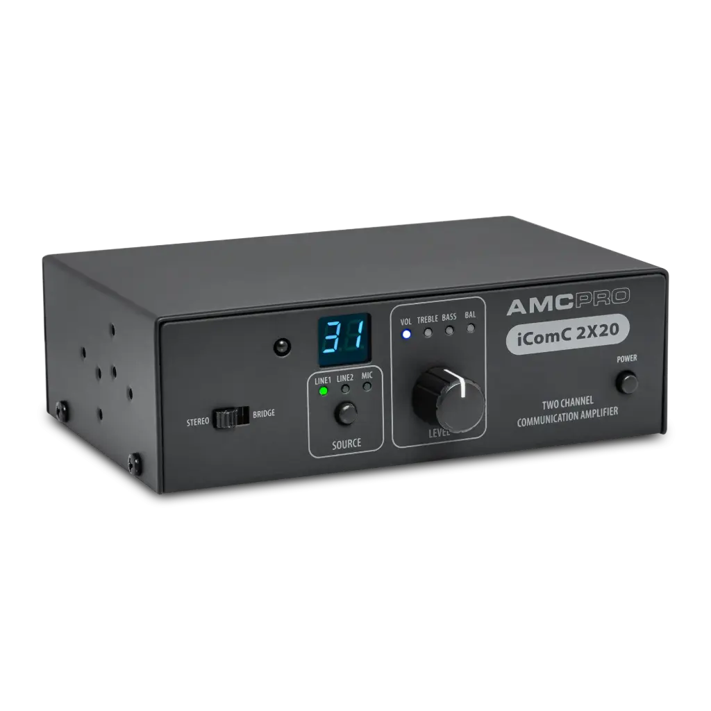 AMC PRO iCOMC 2X20 Mini-forsterker 2 x 20W@8Ω Klasse D Mic (Phoenix) 2 x linje (RCA + 3,5mm) Limiter Phantom Bridge RS232 